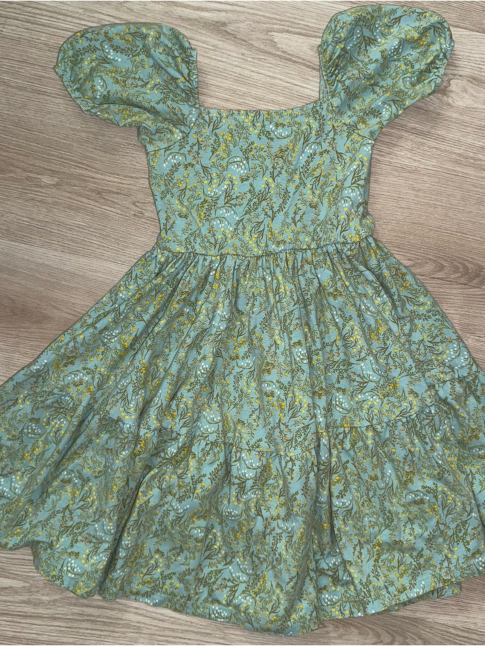 Alice & Ames Size 7 Floral Puff Sleeve Summer Dress in Sage Green and Mustard